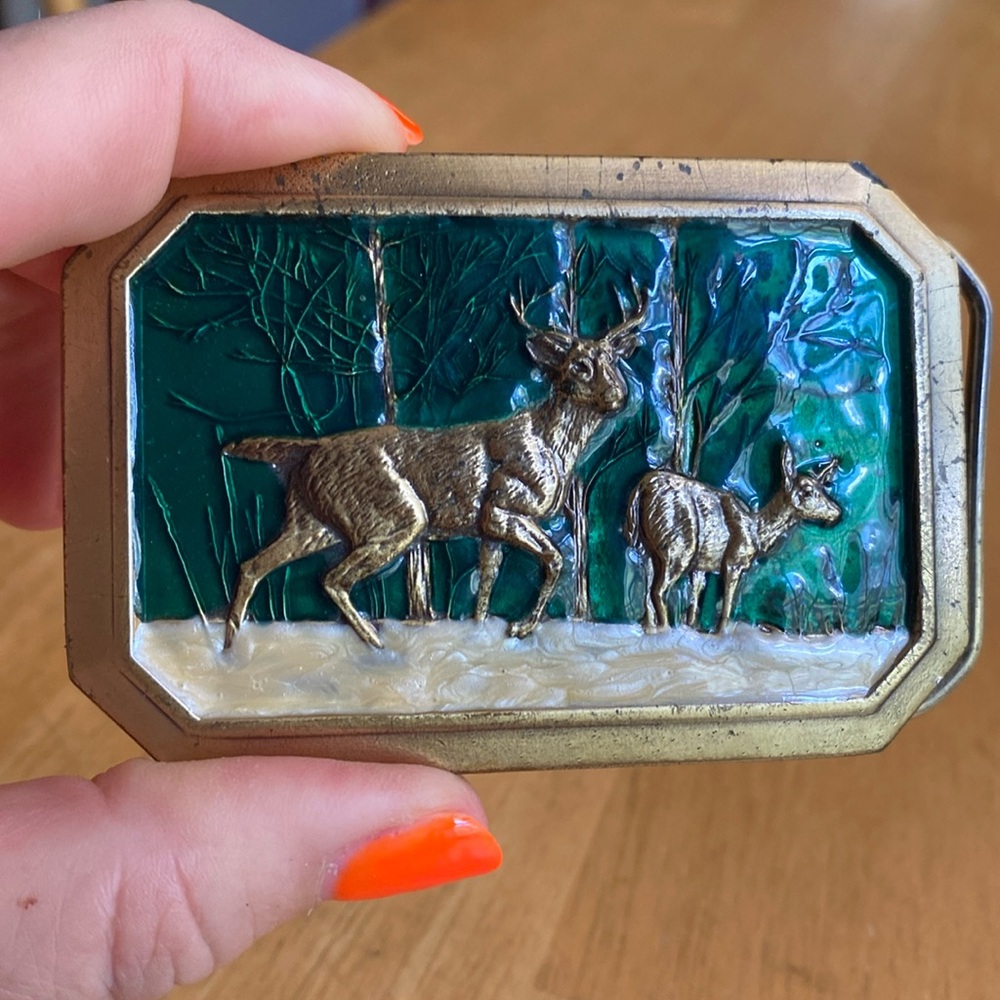 The Great American Buckle Co. Vintage 1982 Copper Deers in Forest Belt Buckle